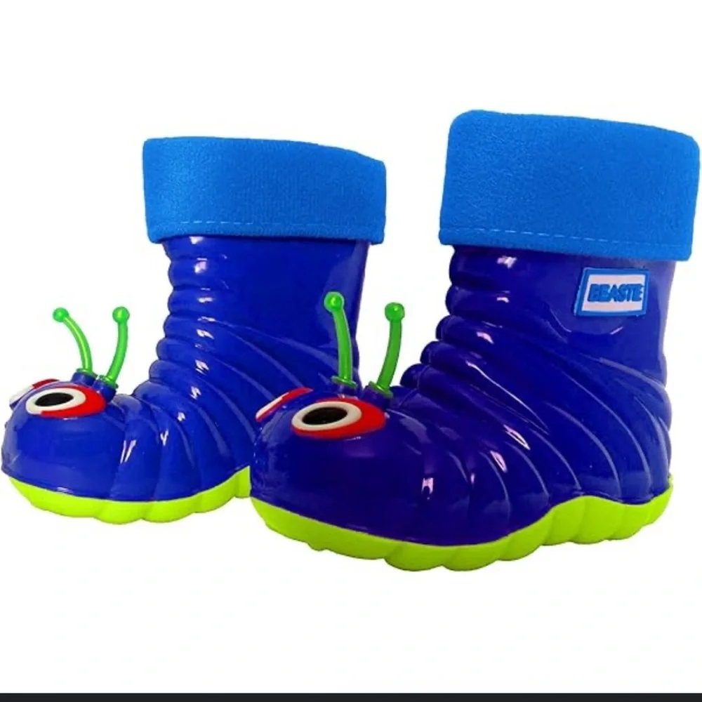 BEASTIE Little Kids Blue/Green Caterpillar Fleece Lined Rain/Snow Boots
